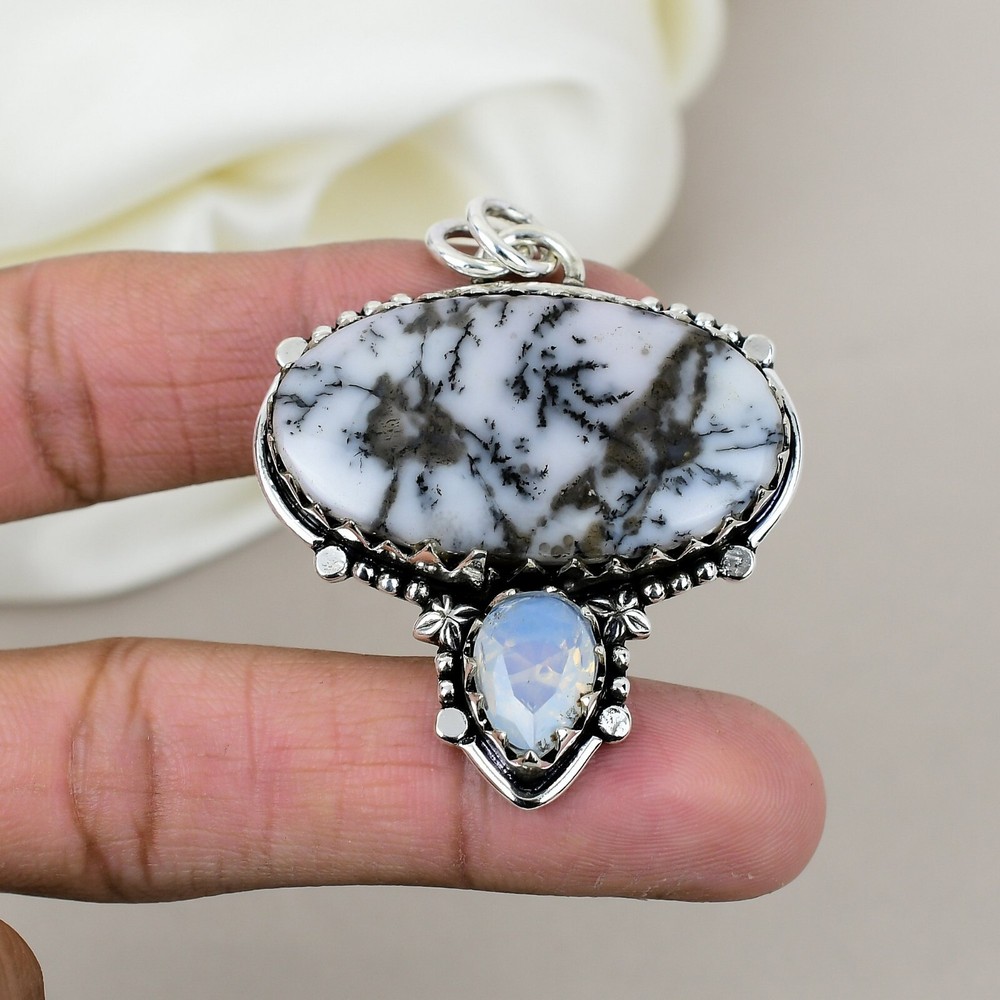 Dendrite Opal, Milky Opal Pendant 925 Sterling Silver Trendy Boho Style Jewelry