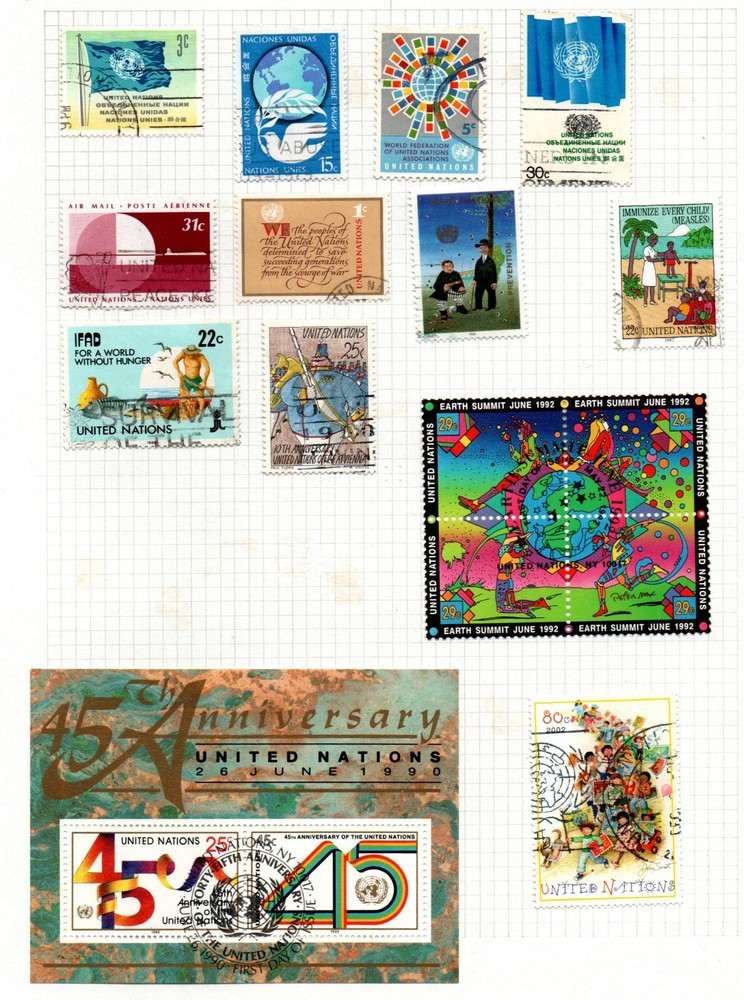 United Nations selection of 11 stamps & 2 miniature sheets mounted on album page