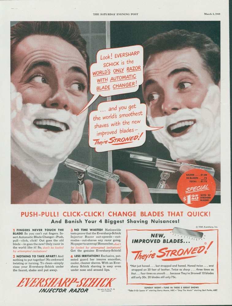 1949 Eversharp Schick Injector Razor Shaving Cream Faces Vintage Print Ad SP13