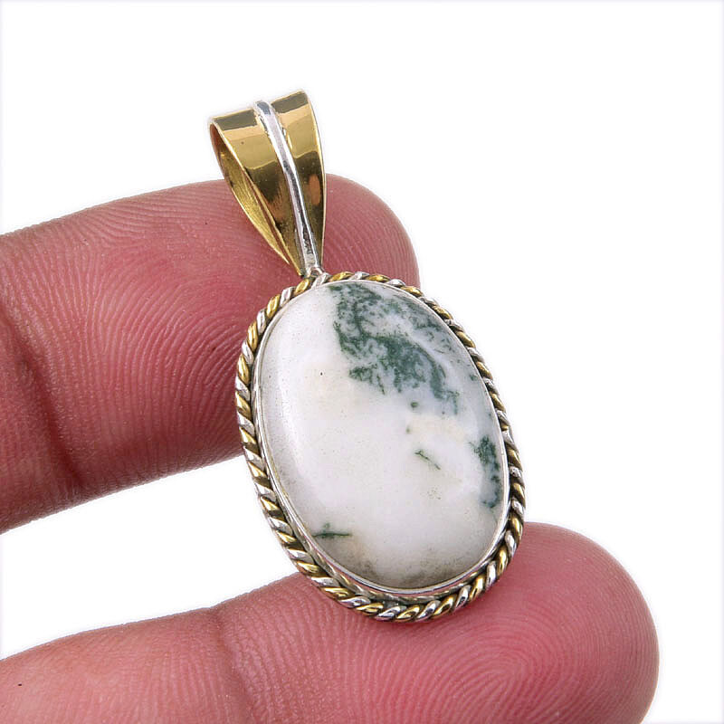 Natural Green Dendrite Opal 925 Sterling Silver Gift TwoTone Pendant 1.50