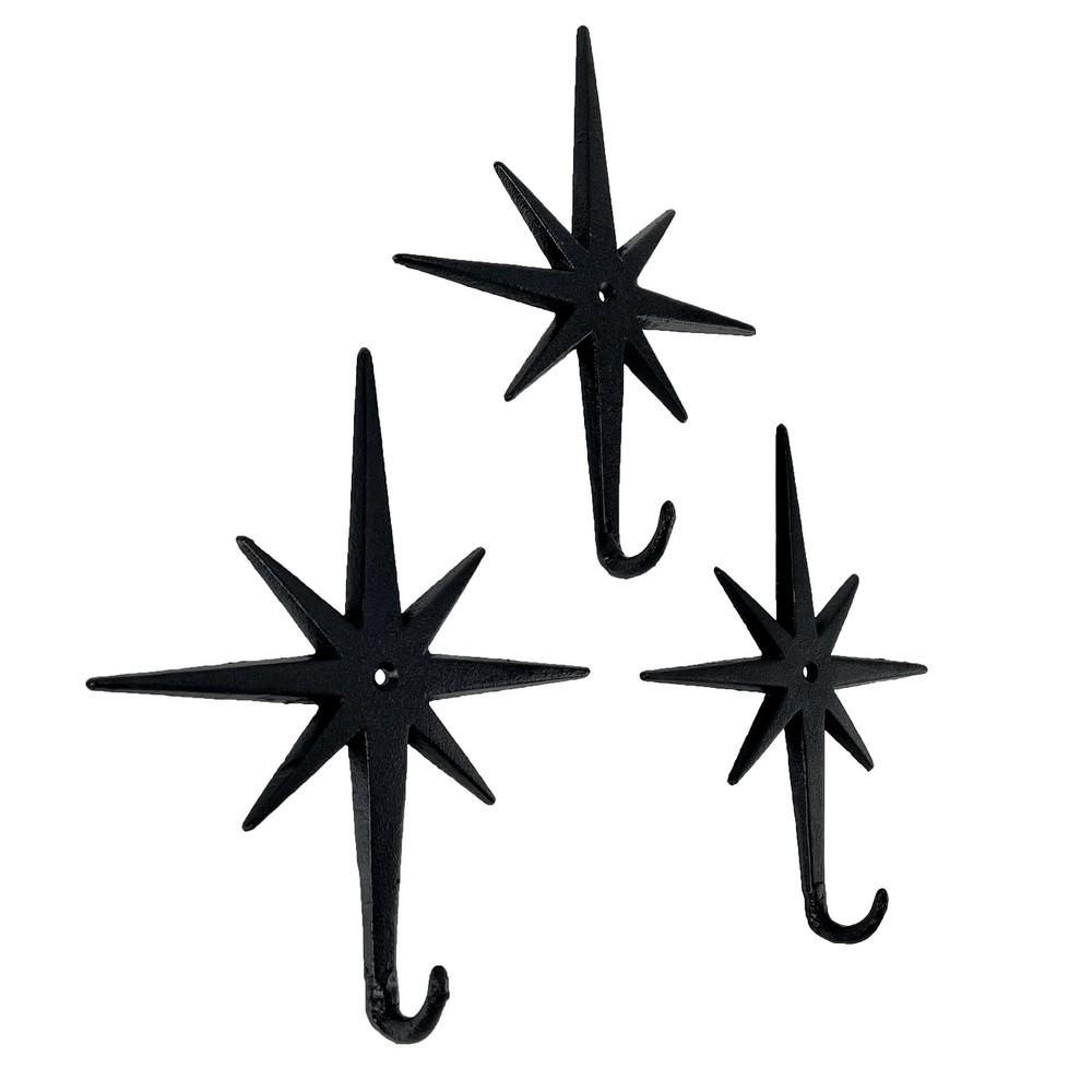 Set of 3 Atomic Starburst Wall Hooks – Mid-Century Modern Design, Black Finish