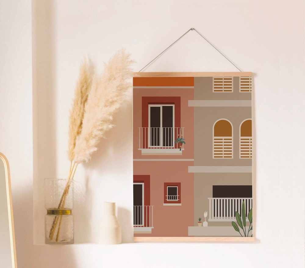 Villa Illustration Colorful Art Print Living Room Wall Decor Home Illustration