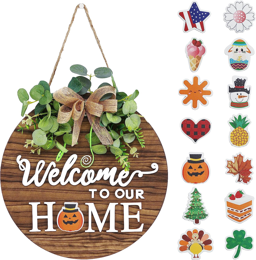 Rustic Round Wood Seasonal Welcome Sign for Front Door Decor  -image