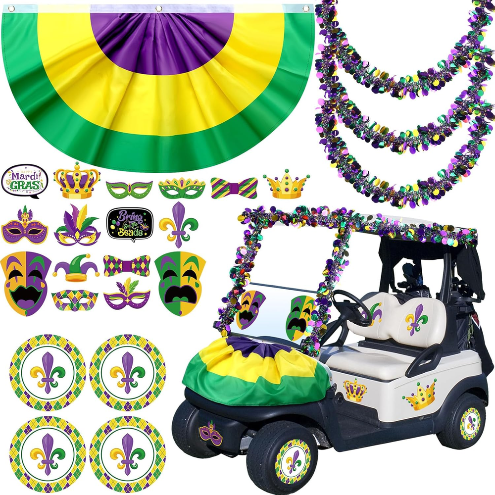 23 Pcs Mardi Gras Golf Cart Decorations - Purple Green Burlap Bunting Flags