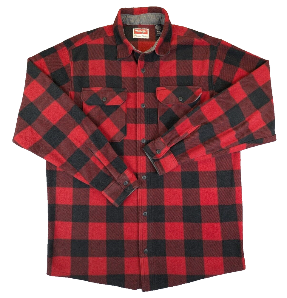 Wrangler Fleece Shirt Medium Men's Red Black Buffalo Plaid Button Down Pockets