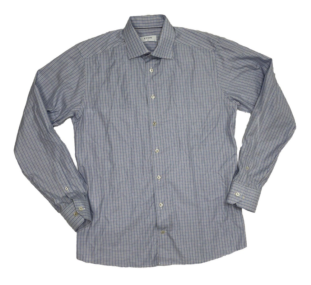 Eton Slim Mens Button Up Shirt Size 41 16 Blue Plaid Long Sleeve Cotton Designer
