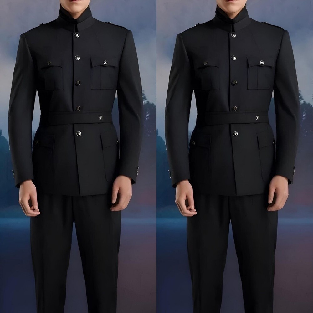 Black Mens Safari Jacket Business Casual Wedding Groom Blazer 2-Piece Set
