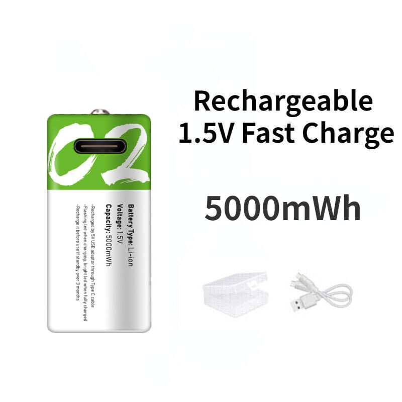 5000mWh USB-C Rechargeable 1.5V Li-ion Battery with Fast Charging Cable