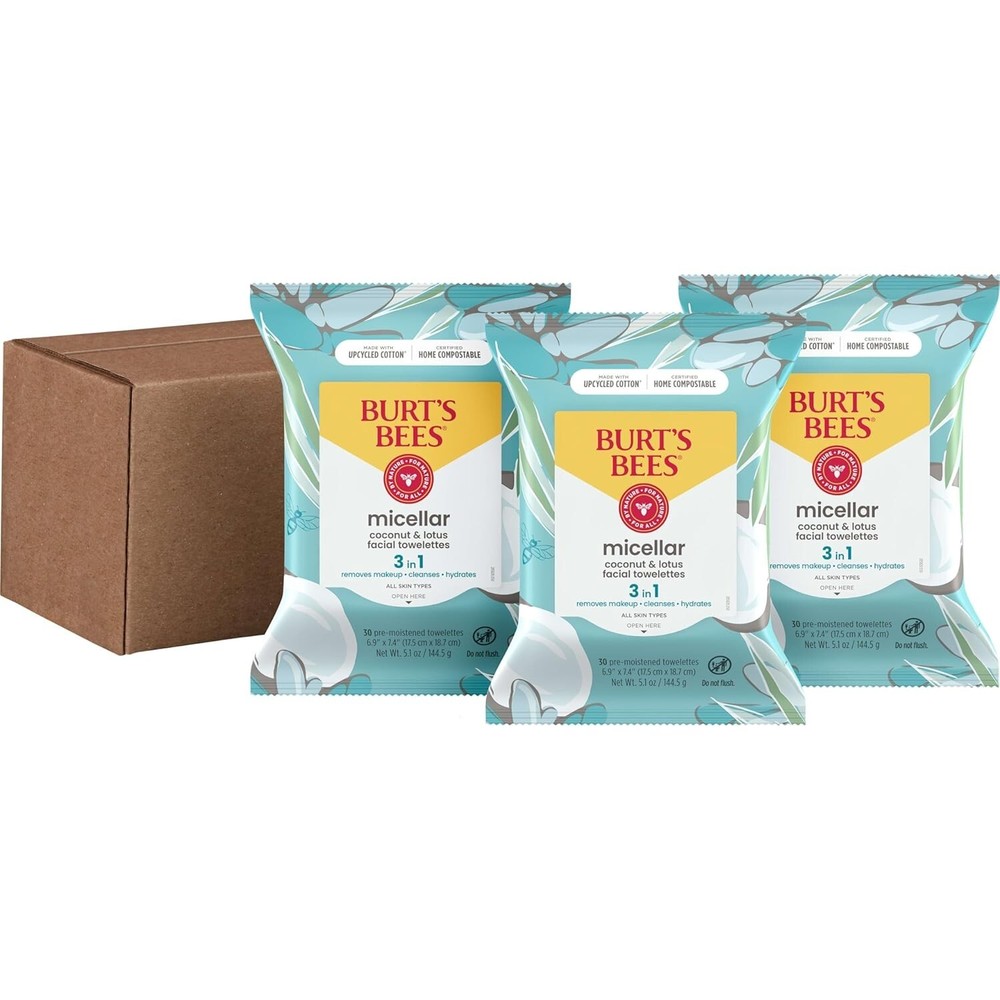 Burt'S Bees Coconut & Lotus Face Wipes/Micellar Makeup Remover / 30 Ct. (3-Pack)