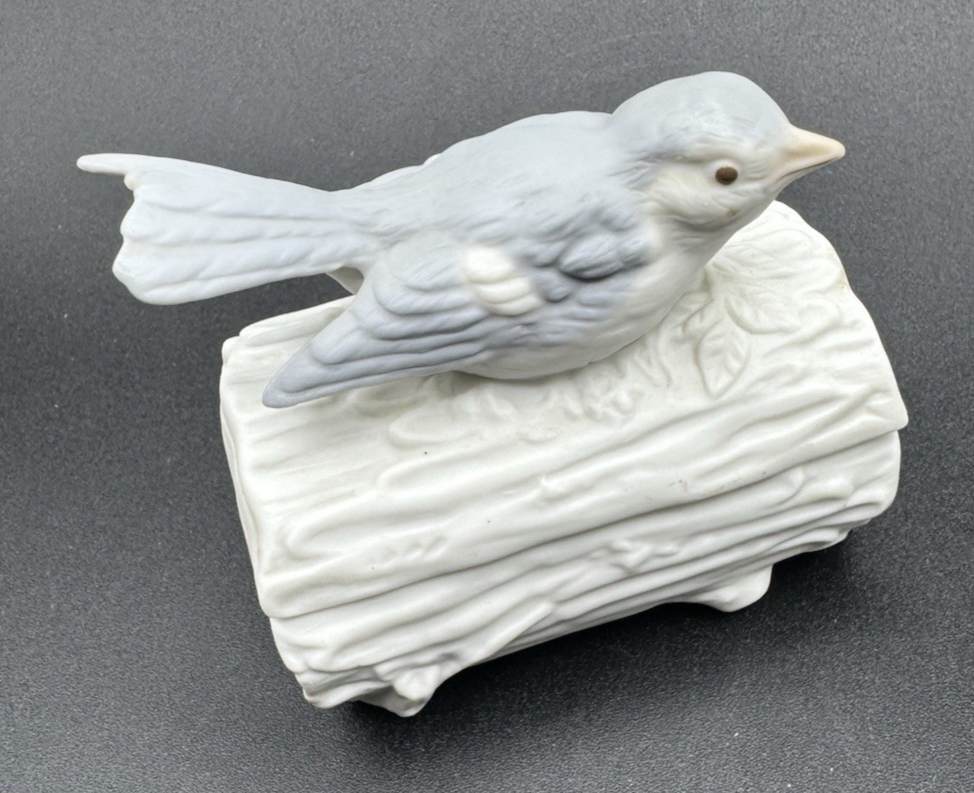 Ceramic Bisque Bird on Log Trinket Box with Removable Lid by Crowning Touch Japan