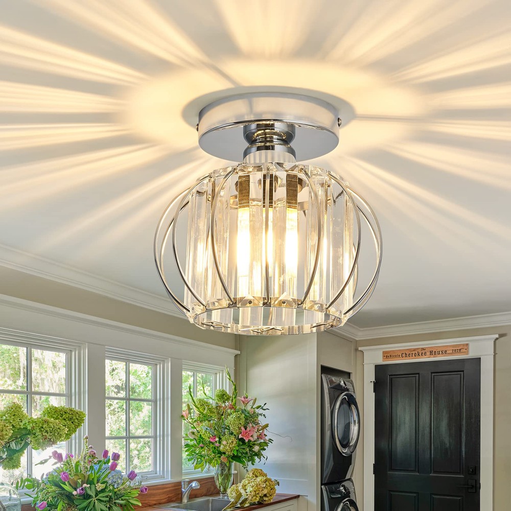 Modern Semi Flush Mount Ceiling Light Fixture E26 Mini Crystal Chandelier Chr...