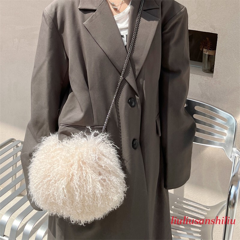 Women's Real Mongolian Fur HandBag Real Lamb Fur Wool Fur Crossbody Purse Bag