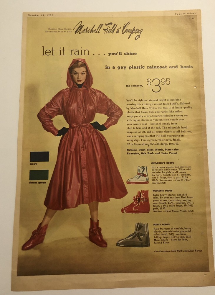 1950s Vintage Women’s Raincoat & Boots Marshall Field Store Ad 2D21