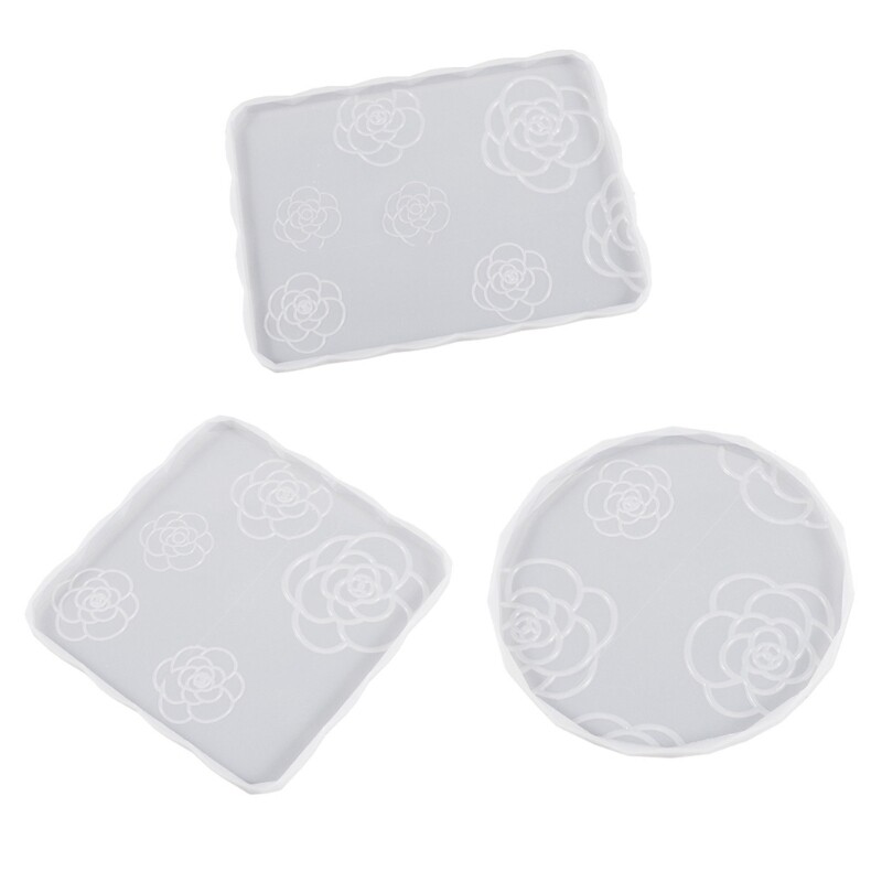 Rose Flower Silicone Mold Round Rectangle Tray Cup Mat Epoxy Resin Molds