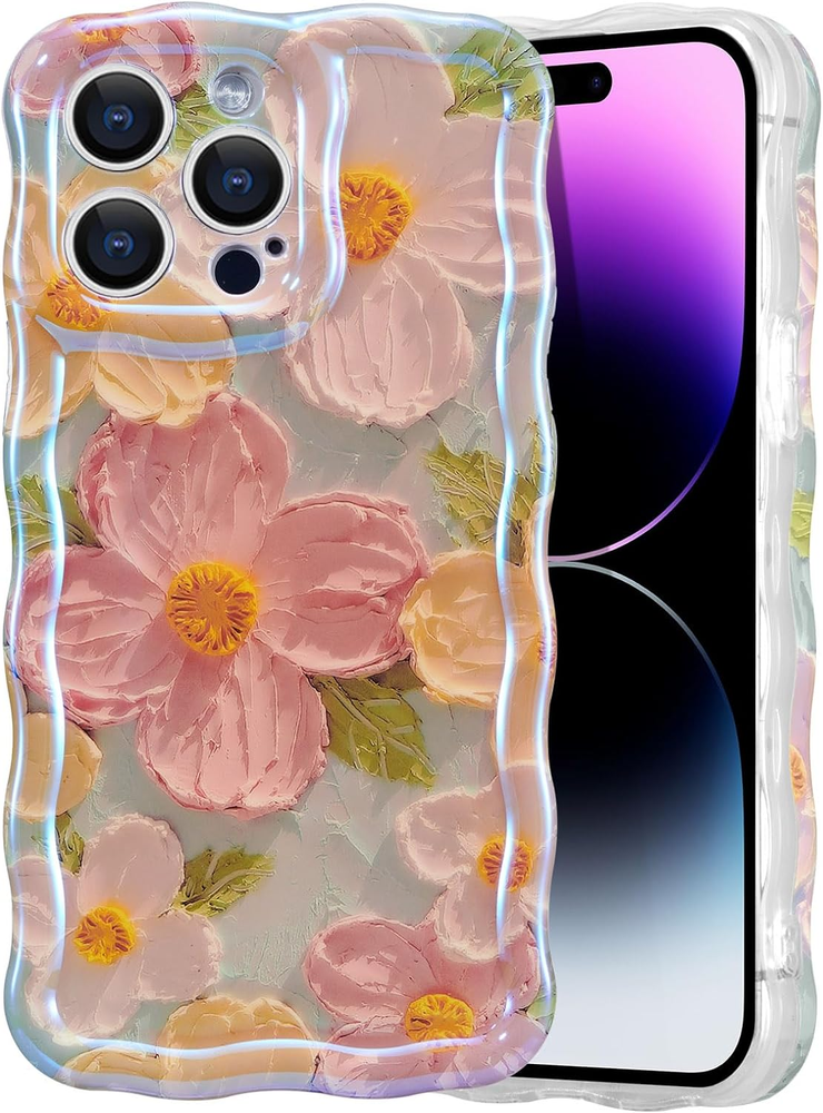 Case for Iphone 13 Pro Max, Colorful Retro Oil Painting Printed Flower Laser Glo
