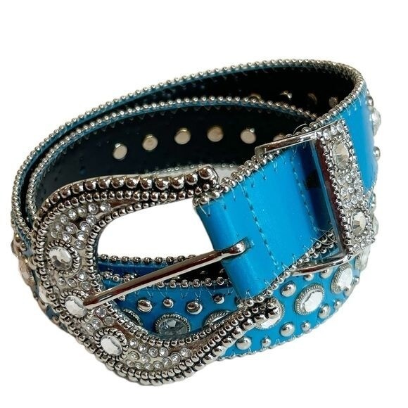 Vintage Silver Studded Rhinestone Buckle Blue Clear Cowboy Leather Belt Size 38