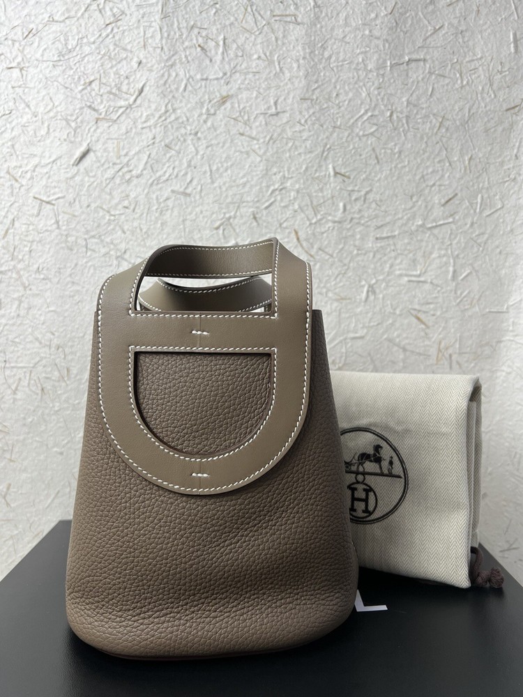 Hermes Clemence Taurillon Top Handle Bag in Etoupe Gray