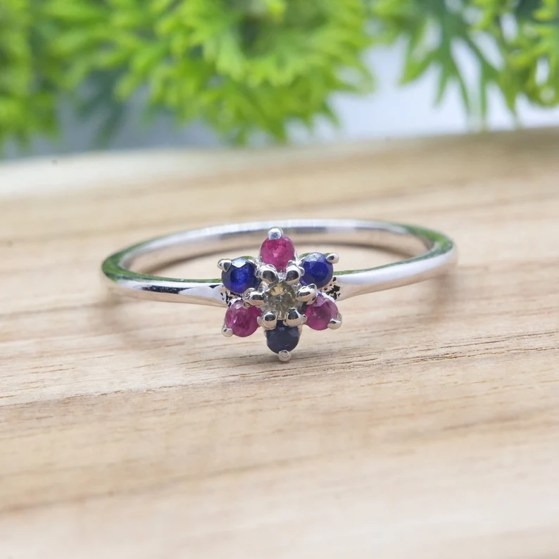 3 Ct Round Cut Simulated Sapphire 14k White Gold Plated Pretty Flower Band Ring