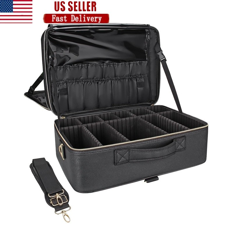 Extra Large Makeup Organizer Bag Double Layer Adjustable Dividers Storage Case