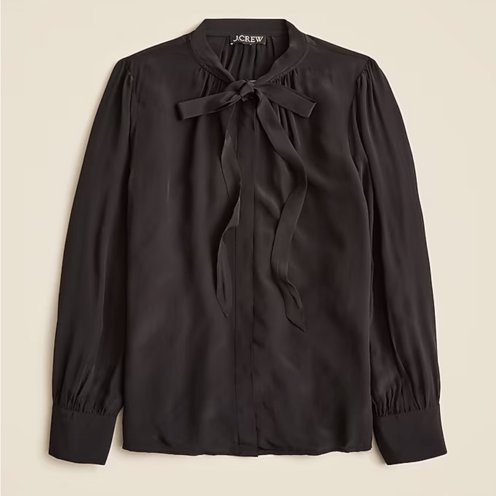 J. Crew Tie-neck blouse in crepe de chine black satin size 2