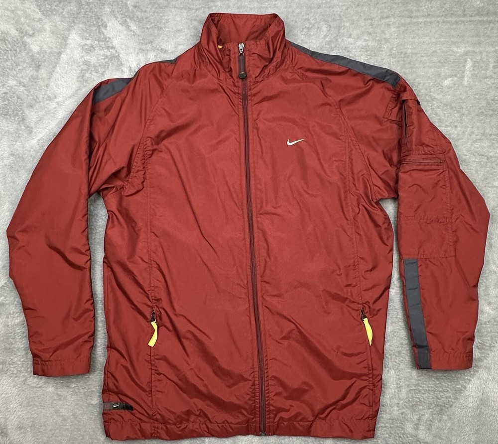 Vintage Nike Jacket Mens Large Red Burgundy Zip Windbreaker Pockets Lined Swoosh