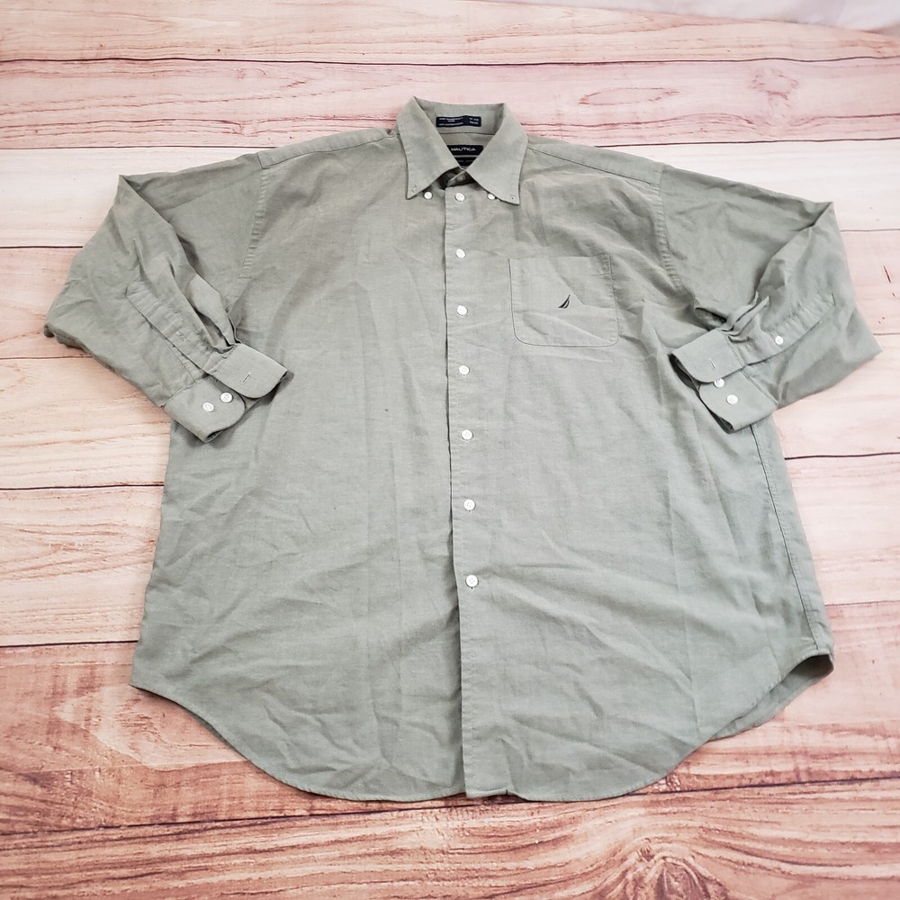 Nautica Shirt Mens 3XL XXXL 17.5 Green Button Up Long Sleeve Pockets Adult