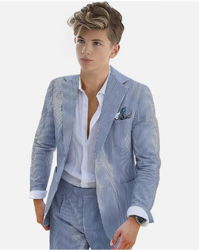 Boys Seersucker Suit 2 Piece Tuxedo for Boys Summer Beach Wedding Blazer Pants