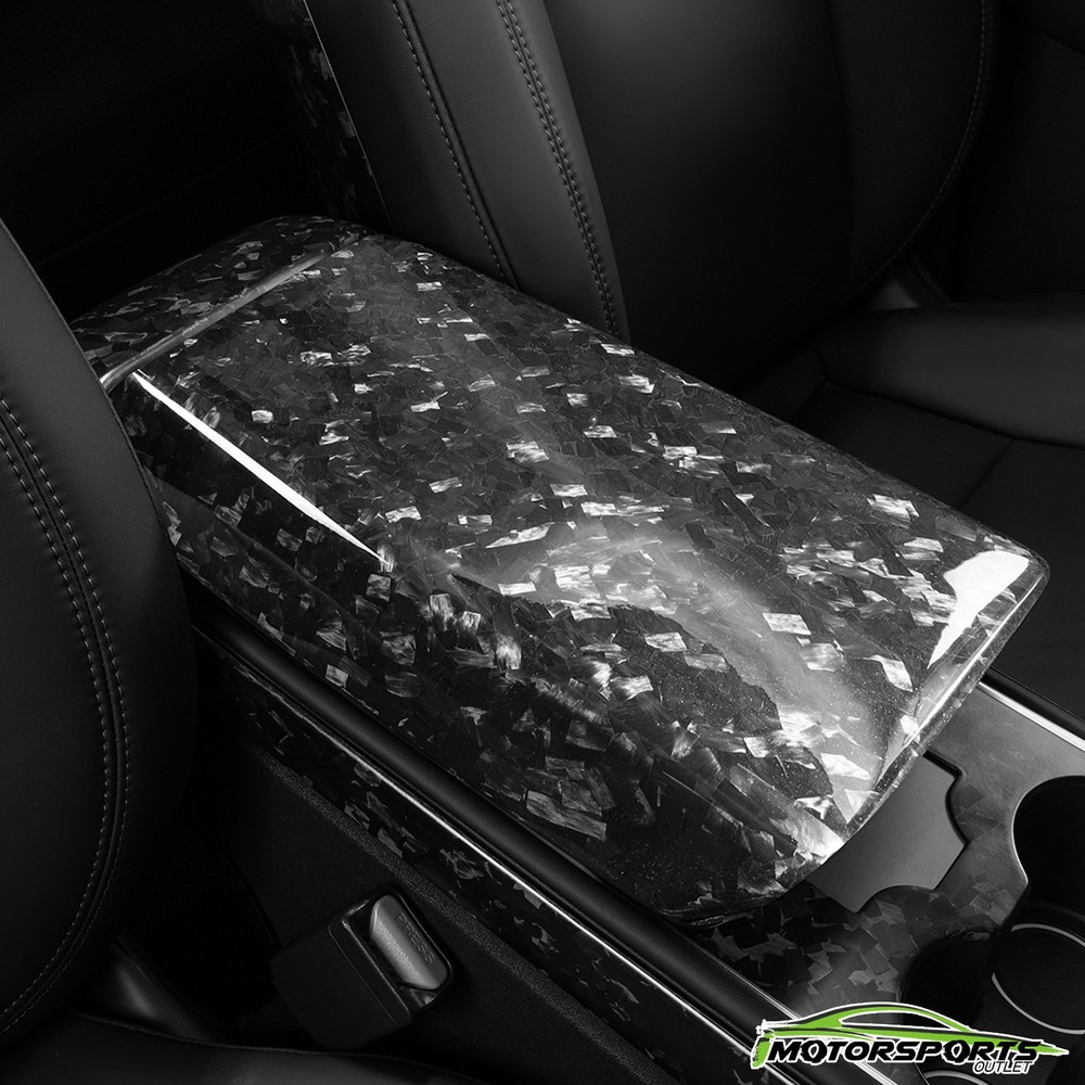 Fit 17-23 TESLA Model 3/Y Forged Carbon Enter Console Armrest Cover Glossy Black
