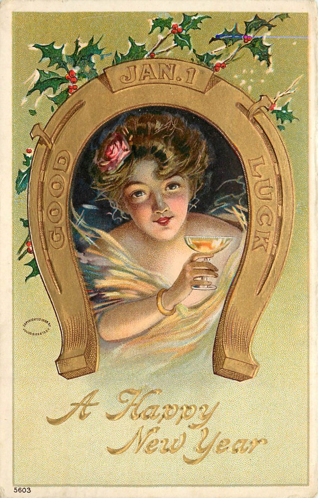 Embossed Postcard New Years Ser 560 Good Luck 5603 Woman Drinks Wine Horseshoe-image