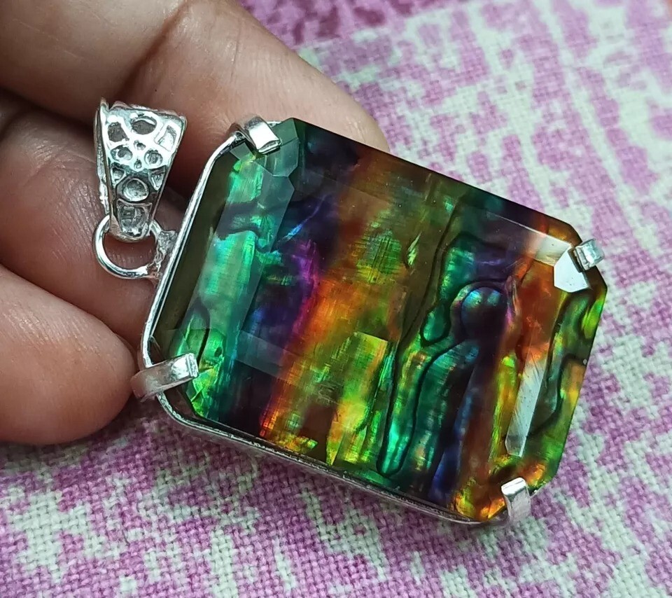 Certified 92 CT Natural Ammolite 925 Silver Pendant Loose Gem