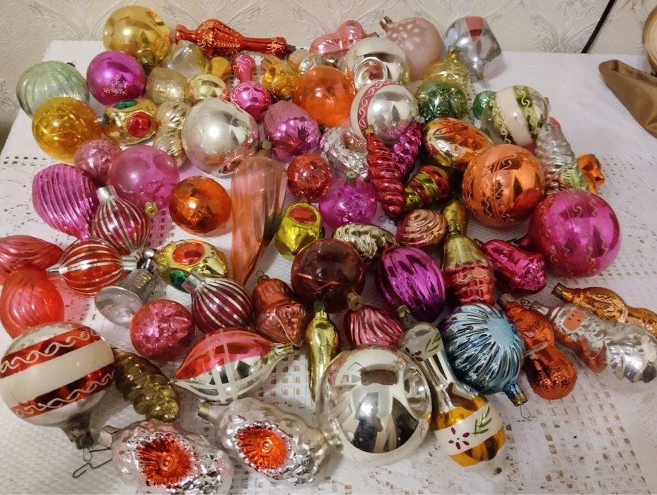 HUGE LOT 60+ Vintage Soviet Glass Christmas Ornaments USSR Indent Baubles Mixed