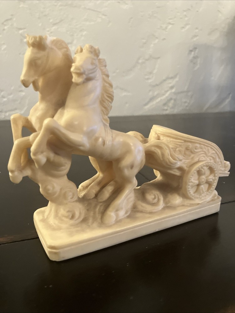 Vintage G. Ruggeri Alabaster Horse & Roman Chariot Sculpture Italy with Minor Chip