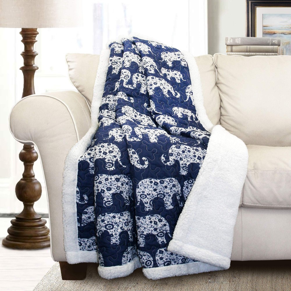 Navy Elephant Parade Throw Fuzzy Reversible Sherpa Blanket 60” x 50 White