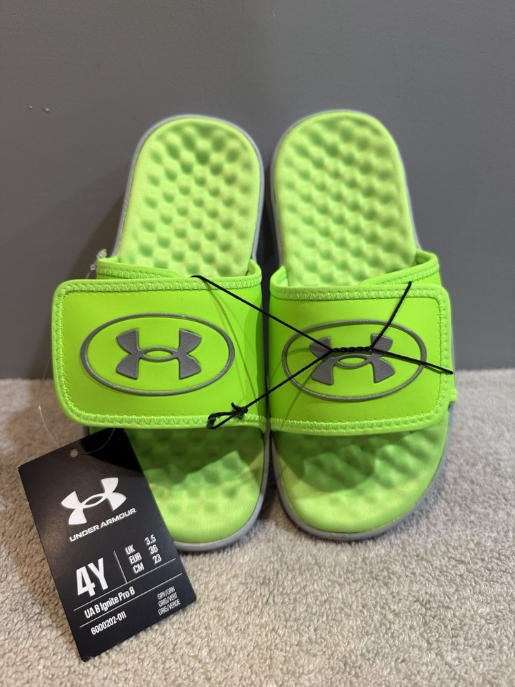 Fluorescent  Yellow Youth Size 4Y Under Armour Adjustable Slides (G Ignite Pro8)