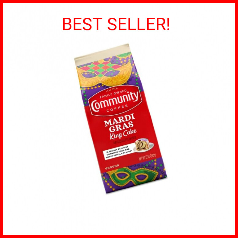 Community Coffee Mardi Gras King Cake Flavored 12 Ounces, Medium Roast Ground Co