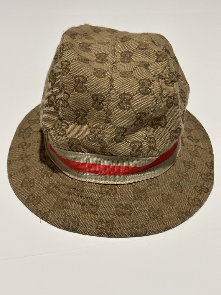 Gucci vintage beige canvas red band fedora hat bucket lined Italy Unisex L