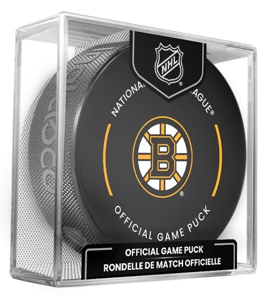 Boston Bruins Current NHL Official Game Hockey Puck In Cube