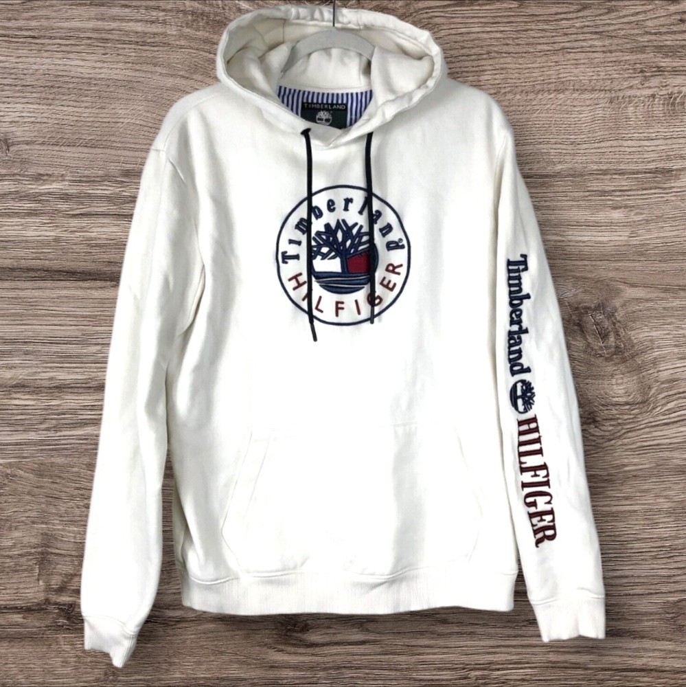 Tommy Hilfiger x Timberland Embroidered Hoodie Jumper Sweatshirt Cream Off White