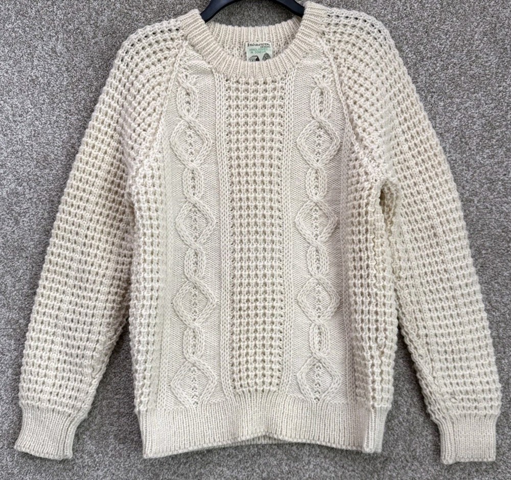 Vintage Inishowen Sweater Mens Small Cream Cable Knit Wool Handloomed Donegal