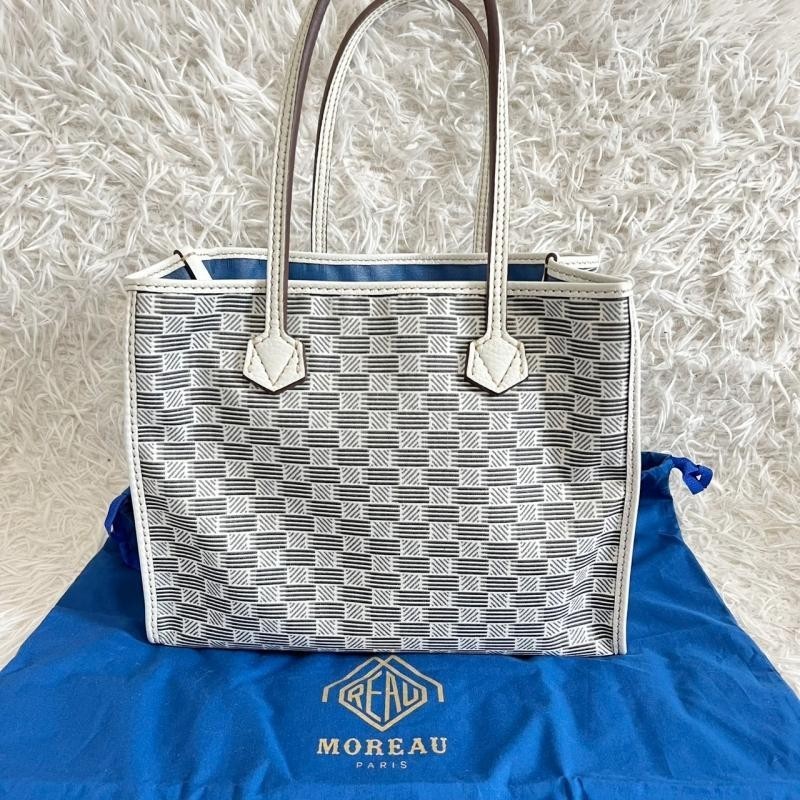 MOREAU Paris Celestin Canvas & Leather Tote Bag in White Gray Pre-Owned Authentic Free Shipping