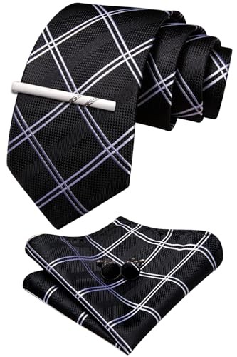 Extra Long Men's Black White Plaid Silk Necktie with Tie Clip Set