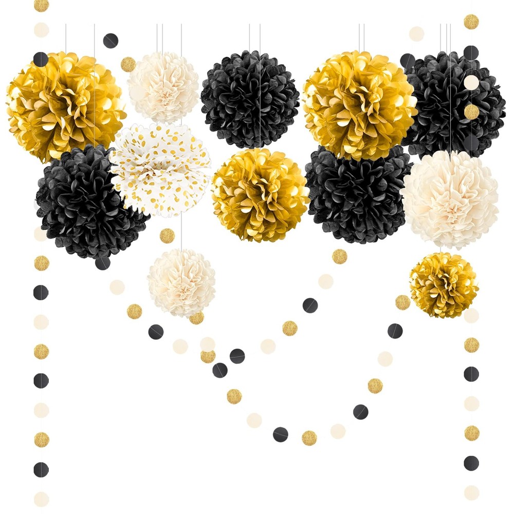 Black Gold Party Decorations, 15 PCS Tissue Paper Pom Poms Kit for 2026 New Y...