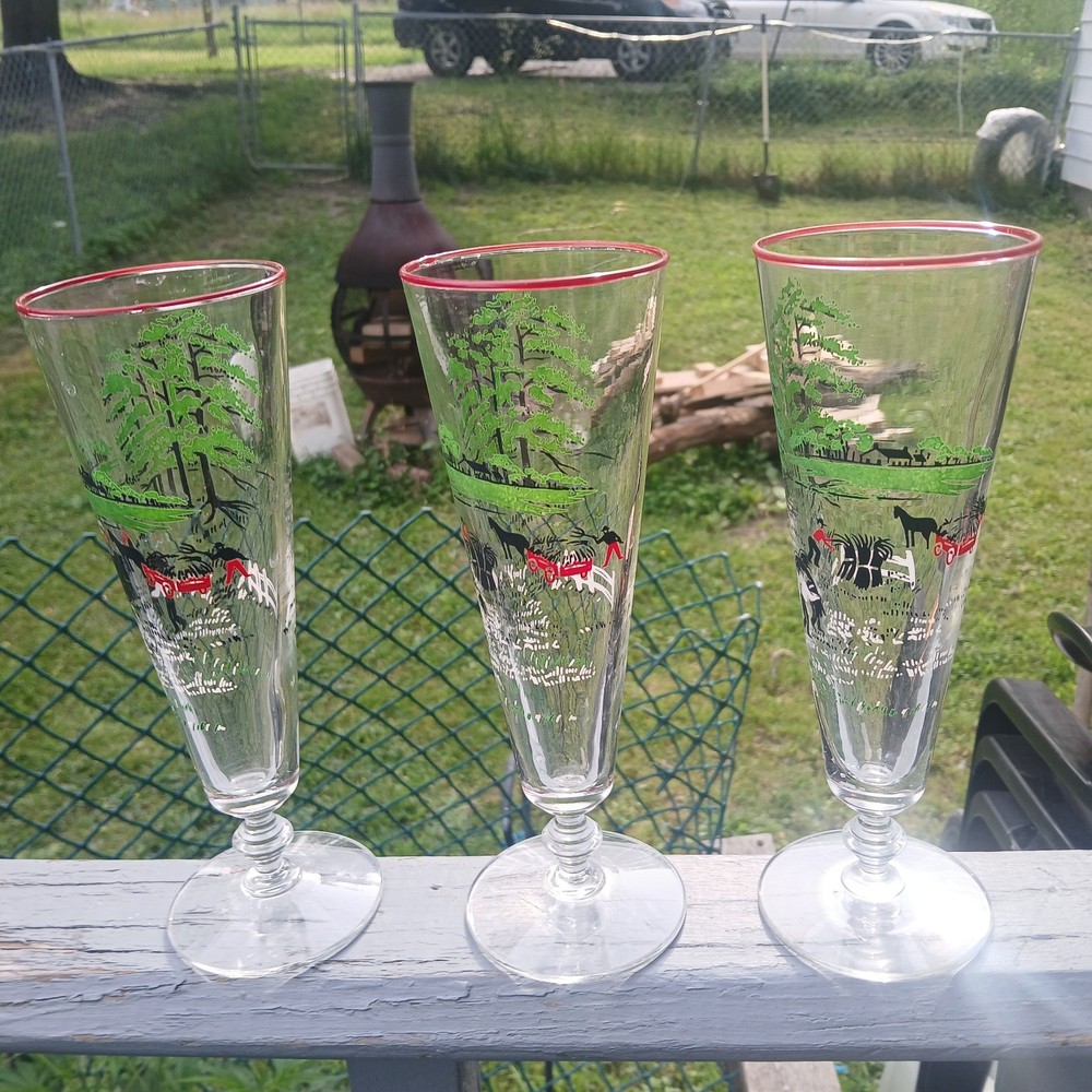 Vintage 1950s Libbey Currier & Ives Hand-Painted Farm Scene Pilsner Glasses Set of 3