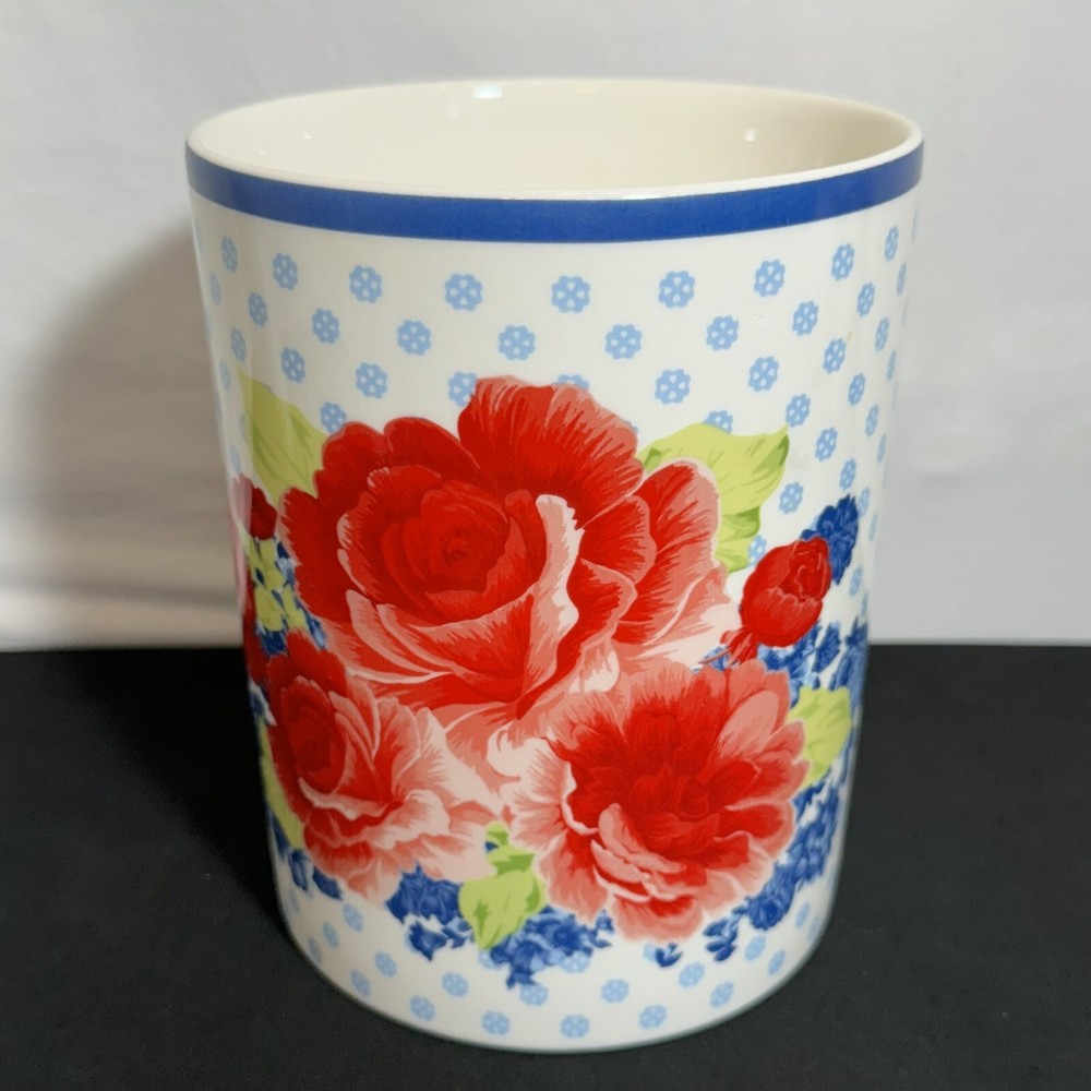 Pioneer Woman Ceramic Kitchen Utensil Holder Crock Red Blue Floral Polka Dots 6”