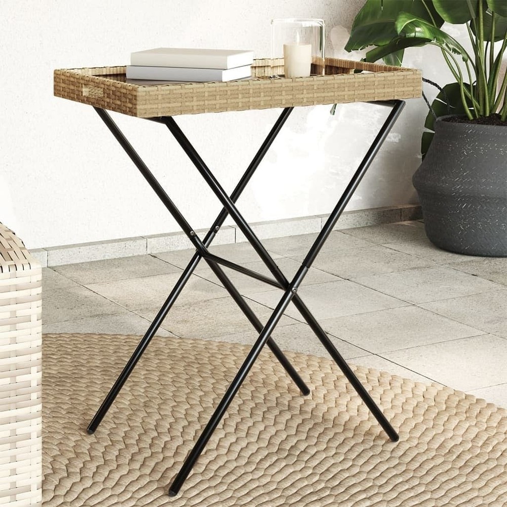 Folding Tray Table Beige Poly Rattan, Powder-Coated Steel Medium
