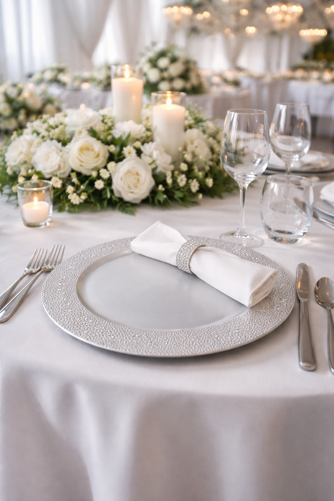 Set of 24 Modern Silver Charger Plate 13’’ Beaded Rim Plastic Table Decor Party