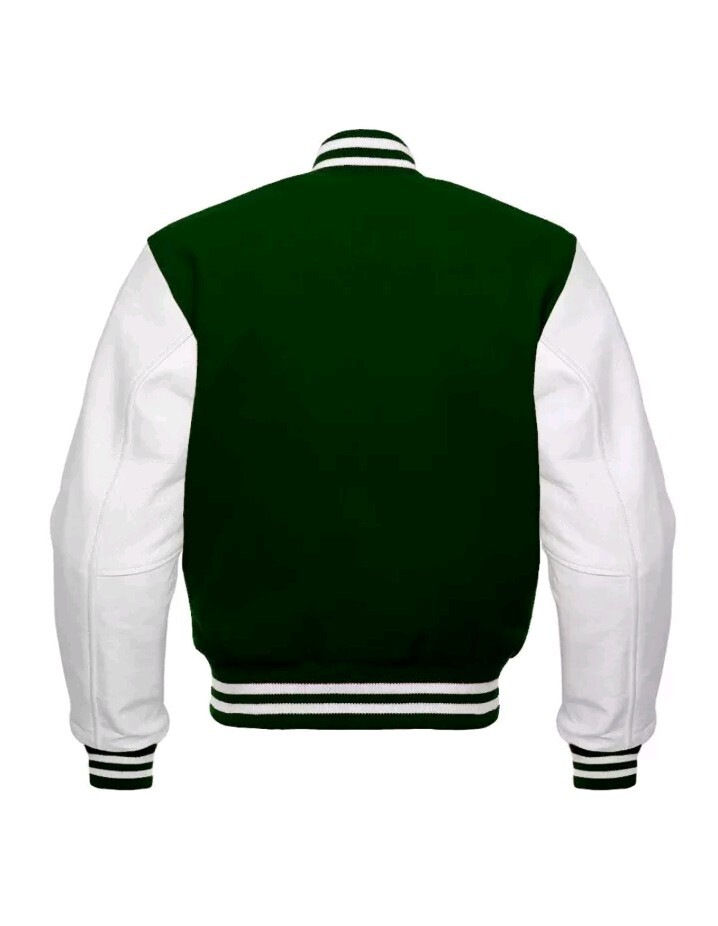 Men's Green Wool Varsity Jacket with White Leather Sleeves