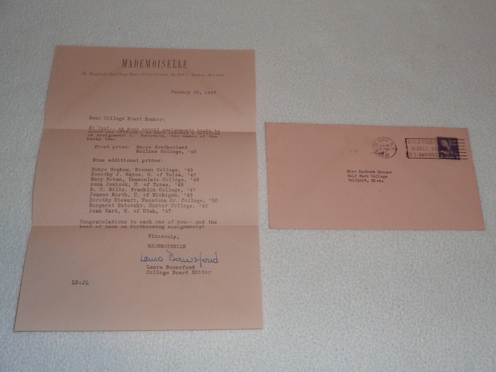 1947 Mademoiselle Magazine Women Fashion Rare Prize Letter Laura Bonnefond