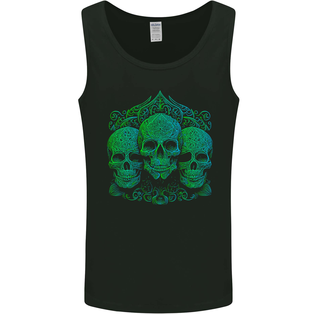 3 Ornate Green Skulls Gothic Goth Mens Vest Tank Top