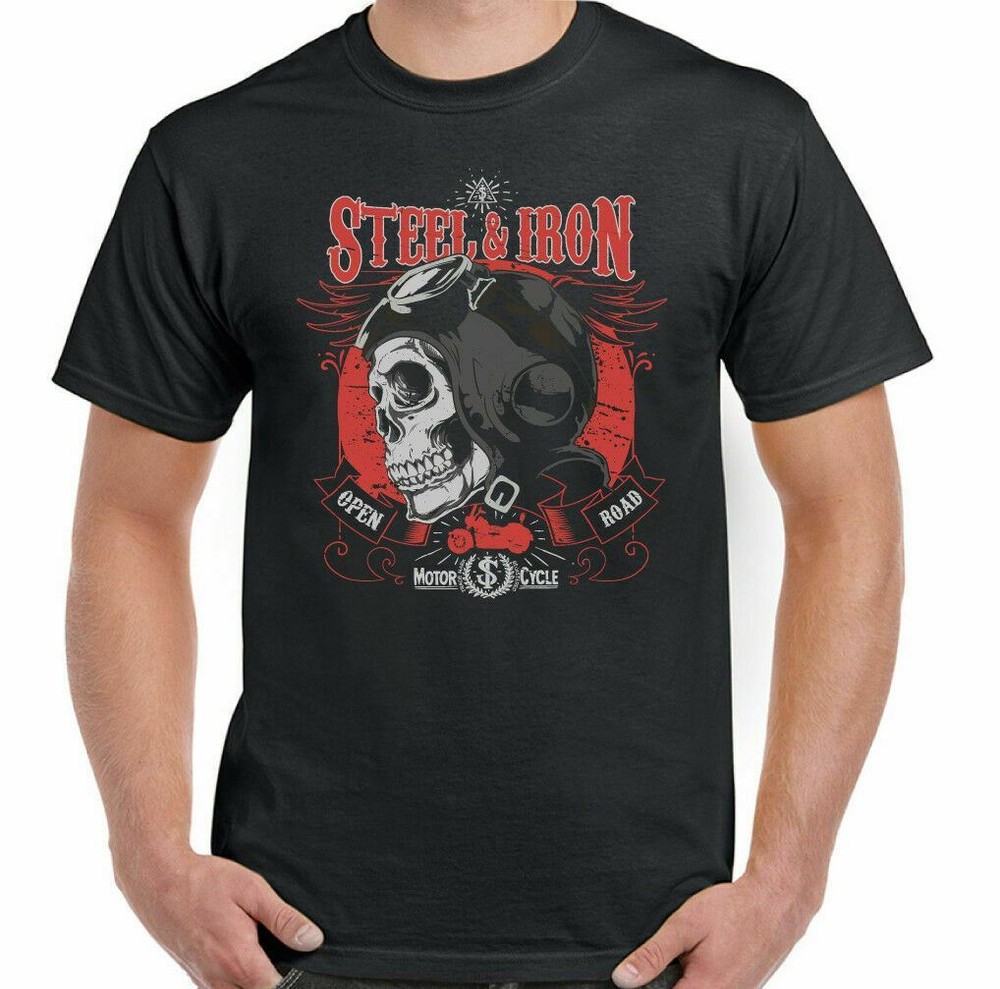 Biker T-Shirt Skull Motorcycle Steel & Iron Open Road Mens Motorbike Bike